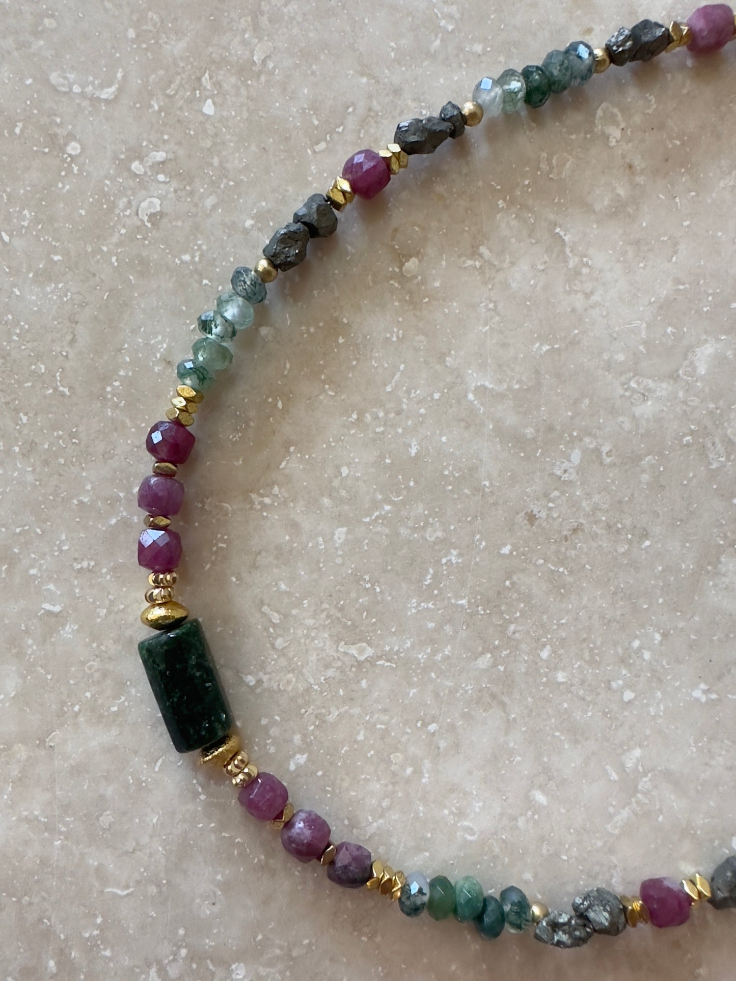 Collier Émeraude, Tourmaline, Pyrite, Agathe mousse — Harmonie & Élan vital