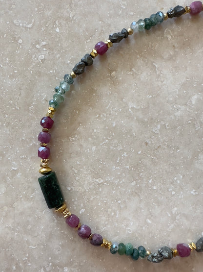 Collier Émeraude, Tourmaline, Pyrite, Agathe mousse — Harmonie & Élan vital