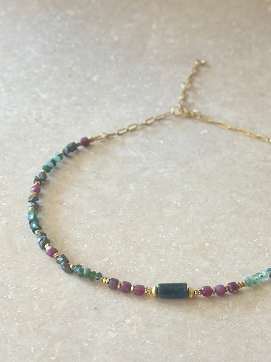 Collier Émeraude, Tourmaline, Pyrite, Agathe mousse — Harmonie & Élan vital