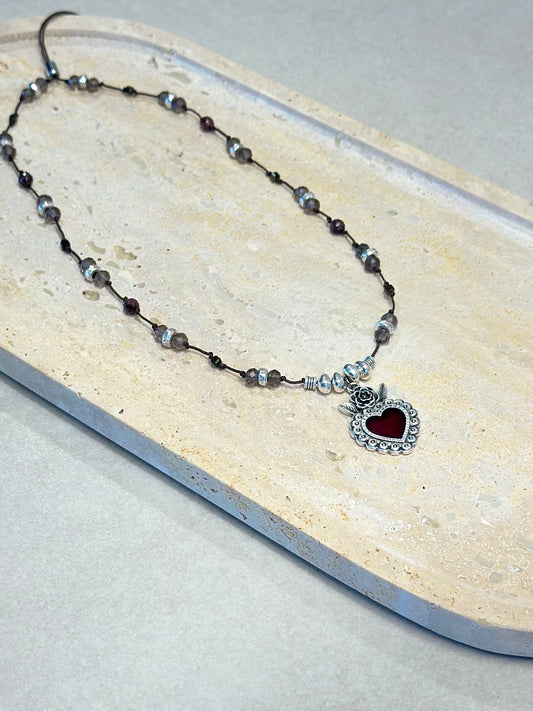 Collier ajustable Quartz Fumé, Grenat & Obsidienne – Force, ancrage et protection