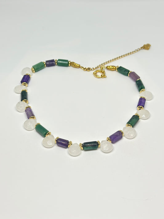 Collier “Clarté du cœur”
 Émeraude, Cristal et Améthyste